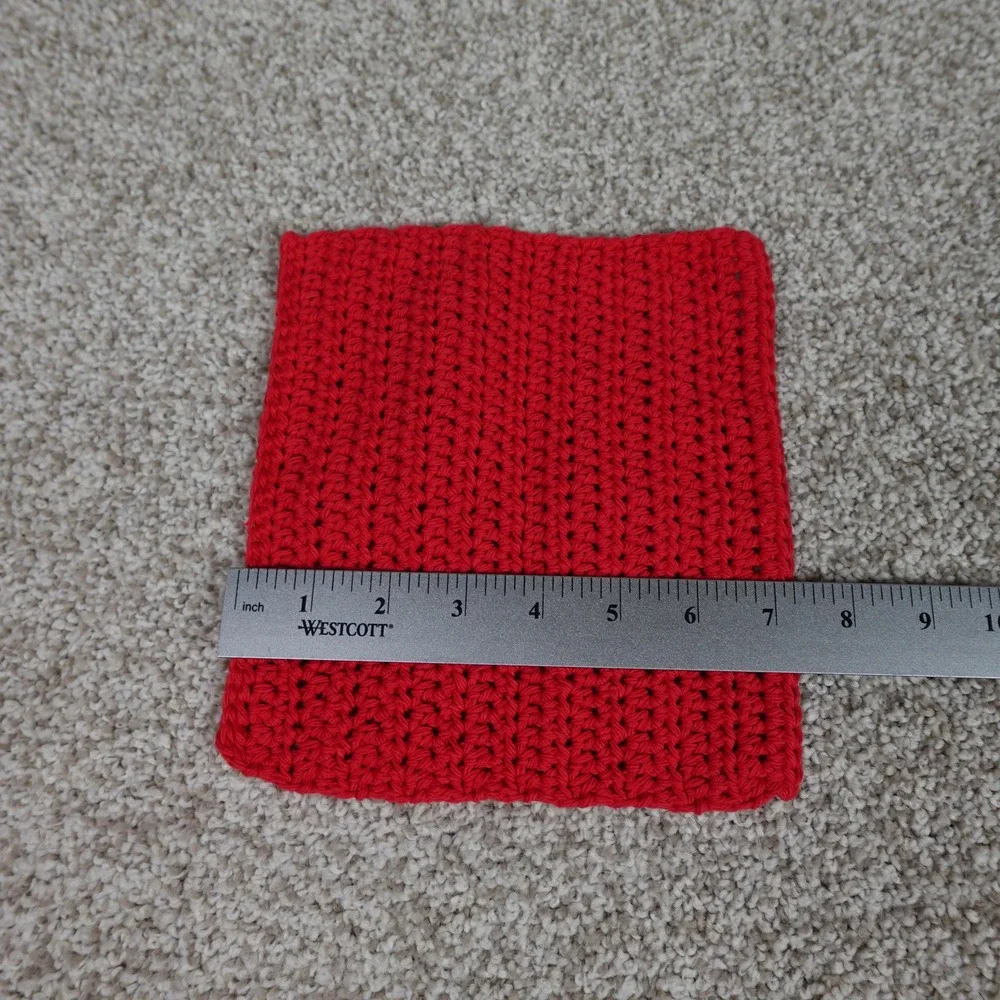 Handmade Crochet Washcloth Red Cotton Textured Dishcloth Square 8x7.5